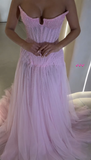 Niulatu Pink Strapless A Line Tulle Beads Long Prom Dress,Formal Dress HZ1110