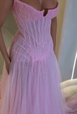 Niulatu Pink Strapless A Line Tulle Beads Long Prom Dress,Formal Dress HZ1110
