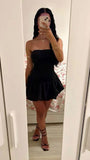 Niulatu Black Strapless Satin Short Homecoming Dress 19th Birthday Outfits HZ1110