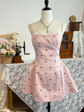 Niulatu Printed Bow Pink Satin A Line Spaghetti Straps Short Homecoming Dress 18th Birthday Outfits HZ1110