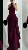 Niulatu A Line Halter Satin Pleated Long Prom Dress,Formal Dress HZ1110