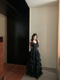 Niulatu A Line Spaghetti Straps Black Multi-Layer Satin Long Prom Dress,Formal Dress HZ1110