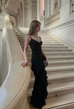 Niulatu Mermaid Spaghetti Straps Black Satin Long Prom Dress,Formal Dress HZ1110