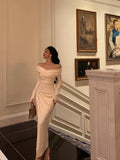 Niulatu Sheath Off The Shoulder Long Sleeves White Slit Prom Dresses Birthday Outfits SD567