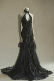 Niulatu A Line Halter Black Satin Tulle Lace Long Prom Dress,Formal Dress HZ1110