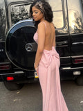 Niulatu Mermaid Spaghetti Straps Pink Satin Backless Long Prom Dress,Formal Dress HZ1110
