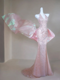 Niulatu Mermaid Halter Light Pink Satin Beaded Long Prom Dress,Formal Evening Dress HZ1110