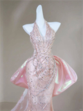Niulatu Mermaid Halter Light Pink Satin Beaded Long Prom Dress,Formal Evening Dress HZ1110