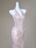 Niulatu Mermaid Halter Light Pink Satin Beaded Long Prom Dress,Formal Evening Dress HZ1110