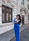 Niulatu Royal Blue Mermaid V Neck Satin Long Prom Dress,Formal Evening Dress HZ1110