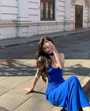 Niulatu Royal Blue Mermaid V Neck Satin Long Prom Dress,Formal Evening Dress HZ1110