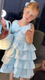 Niulatu A Line Pale Blue Tiered Satin With Bow Flower Girl Dress HZ1110