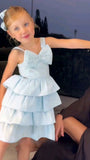 Niulatu A Line Pale Blue Tiered Satin With Bow Flower Girl Dress HZ1110