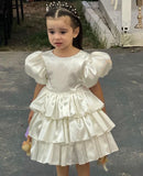 Niulatu A Line Tiered Satin With Short Bubble Sleeves Flower Girl Dress HZ1110