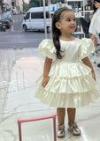 Niulatu A Line Tiered Satin With Short Bubble Sleeves Flower Girl Dress HZ1110