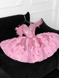 Niulatu A Line Off The Shoulder Pink Tulle Beaded Short Homecoming Dress 19th Birthday Outfits HZ1110
