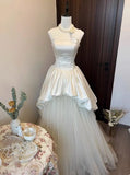 Niulatu A Line Strapless Satin Tulle Long Prom Dress,Wedding Dress,Evening Dress HZ1110
