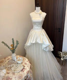 Niulatu A Line Strapless Satin Tulle Long Prom Dress,Wedding Dress,Evening Dress HZ1110