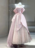 Niulatu A Line Off The Shoulder Pink Satin Tulle Sequin Long Prom Dress, Evening Dress HZ1110