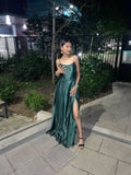 Niulatu A Line Dark Green Spaghetti Straps Satin Slit Long Prom Dress, Evening Dress HZ1110