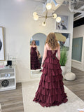 Niulatu A Line Spaghetti Straps Tiered Chiffon Lace Long Prom Dress, Evening Dress HZ1110