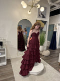 Niulatu A Line Spaghetti Straps Tiered Chiffon Lace Long Prom Dress, Evening Dress HZ1110