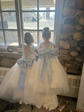 Niulatu A Line Satin Tulle Applique Back With Bow Knot Flower Girl Dress HZ1110