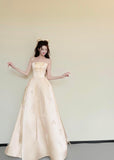 Niulatu A Line Strapless Satin With Bow Knot Long Prom Dress, Evening Dress HZ1110