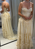 Niulatu A Line Strapless Chiffon Lace Long Prom Dress, Evening Dress HZ1110