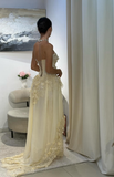 Niulatu A Line Strapless Chiffon Lace Long Prom Dress, Evening Dress HZ1110