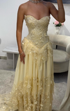 Niulatu A Line Strapless Chiffon Lace Long Prom Dress, Evening Dress HZ1110