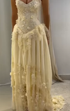 Niulatu A Line Strapless Chiffon Lace Long Prom Dress, Evening Dress HZ1110