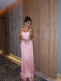 Niulatu A Line Spaghetti Straps Pink Satin Sequin Tassel Long Prom Dress, Evening Dress HZ1110