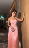 Niulatu A Line Spaghetti Straps Pink Satin Sequin Tassel Long Prom Dress, Evening Dress HZ1110