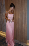 Niulatu A Line Spaghetti Straps Pink Satin Sequin Tassel Long Prom Dress, Evening Dress HZ1110