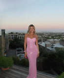 Niulatu Pink Mermaid Spaghetti Straps Sequin Long Prom Dress, Evening Dress HZ1110