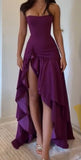 Niulatu A Line Strapless Satin Ruffle Hem Slit Long Prom Dress, Evening Dress HZ1110
