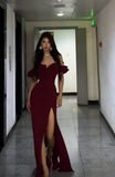 Niulatu Mermaid Off The Shoulder Burgundy Satin Slit Long Prom Dress, Evening Dress HZ1110