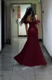 Niulatu Mermaid Off The Shoulder Burgundy Satin Slit Long Prom Dress, Evening Dress HZ1110