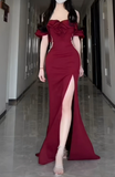 Niulatu Mermaid Off The Shoulder Burgundy Satin Slit Long Prom Dress, Evening Dress HZ1110