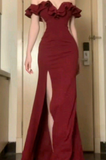 Niulatu Mermaid Off The Shoulder Burgundy Satin Slit Long Prom Dress, Evening Dress HZ1110