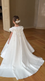 Niulatu A Line Satin Applique With Short Sleeves Flower Girl Dress HZ1110