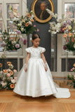 Niulatu A Line Satin Applique With Short Sleeves Flower Girl Dress HZ1110