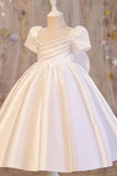 Niulatu A Line Pleated Satin With Short Sleeves Flower Girl Dress HZ1110