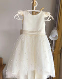 Niulatu A Line Satin Tulle Pearl Bead Back With Bow Knot Flower Girl Dress HZ1110