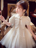 Niulatu A Line High Neck Tulle Lace With Short Sleeves Flower Girl Dress HZ1110
