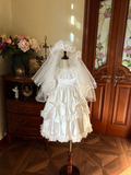 Niulatu Princess A Line Tiered Satin Lace With Short Sleeves Flower Girl Dress HZ1110