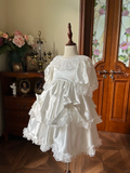 Niulatu Princess A Line Tiered Satin Lace With Short Sleeves Flower Girl Dress HZ1110
