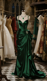 Niulatu Dark Green Mermaid Beaded Straps Satin Pleated Long Prom Dress, Evening Dress HZ1110
