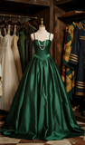 Niulatu Ball Gown Dark Green Spaghetti Straps Satin Long Prom Dress, Evening Dress HZ1110